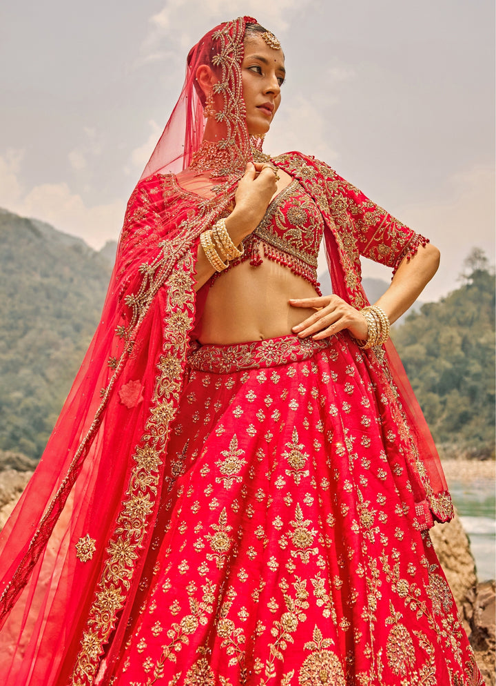 Red Raw Silk Bridal Lehenga Set
