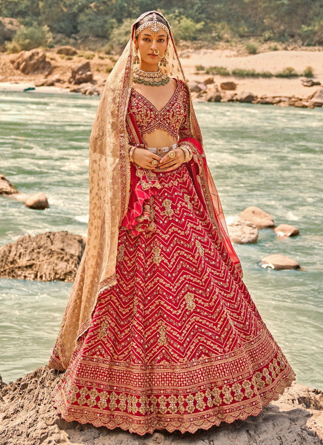 Scarlet Red Raw Silk Bridal Lehenga Set