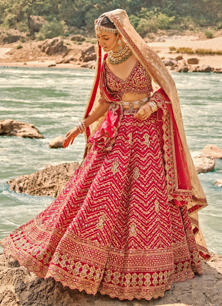 Scarlet Red Raw Silk Bridal Lehenga Set