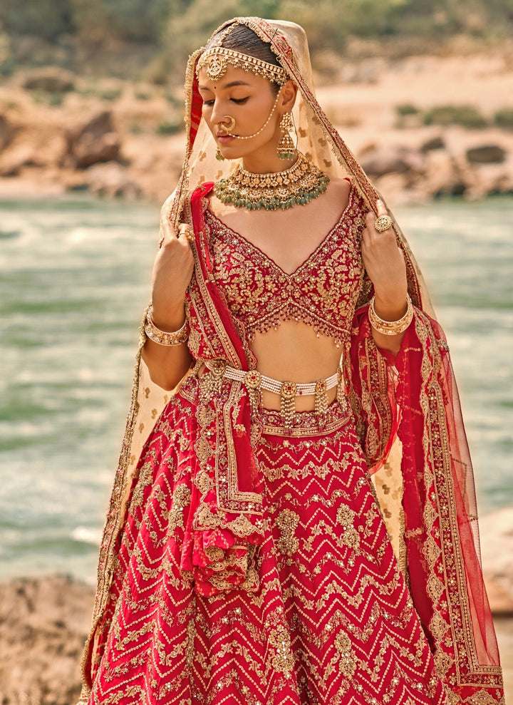 Scarlet Red Raw Silk Bridal Lehenga Set