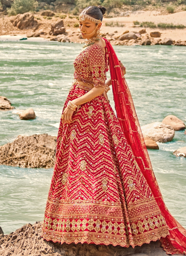 Scarlet Red Raw Silk Bridal Lehenga Set