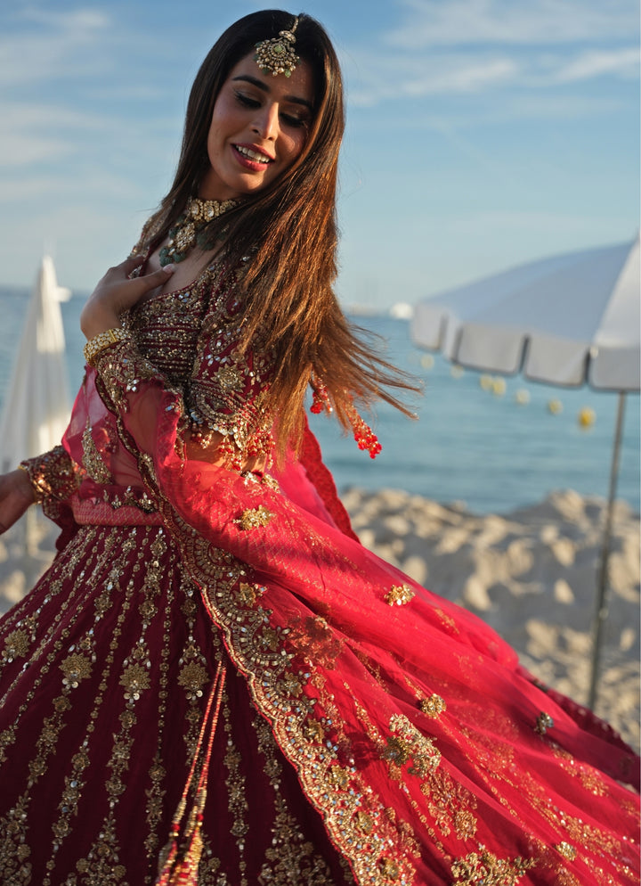 Deep Red Raw Silk Bridal Lehenga Set