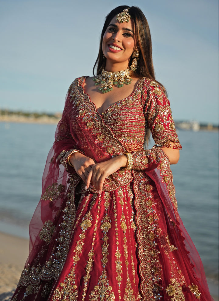 Deep Red Raw Silk Bridal Lehenga Set