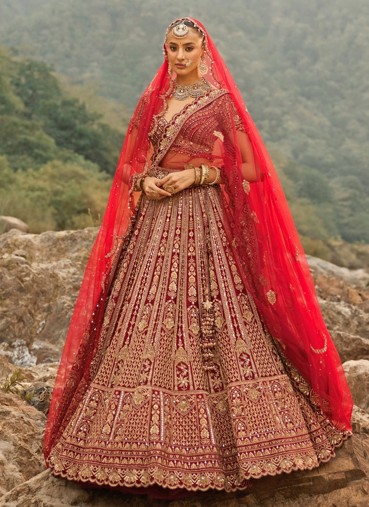 Maroon Red Raw Silk Bridal Lehenga Set
