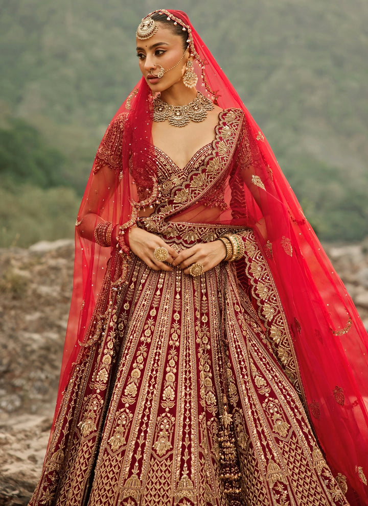 Maroon Red Raw Silk Bridal Lehenga Set