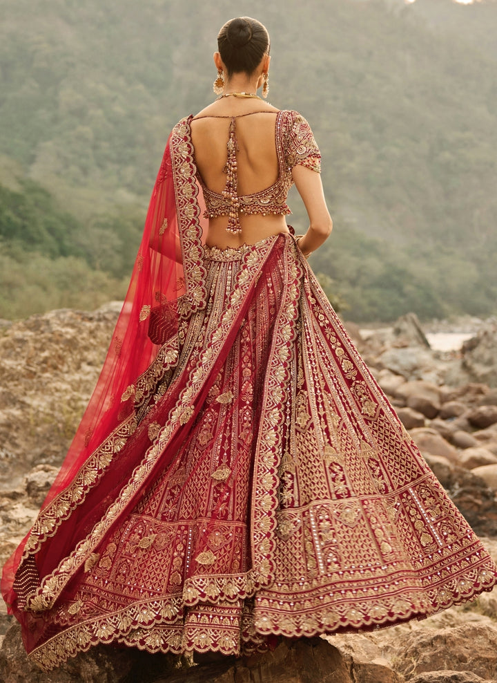 Maroon Red Raw Silk Bridal Lehenga Set