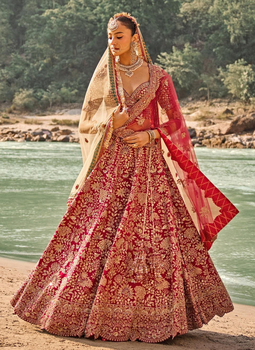 Royal Crimson Red Raw Silk Bridal Lehenga Set