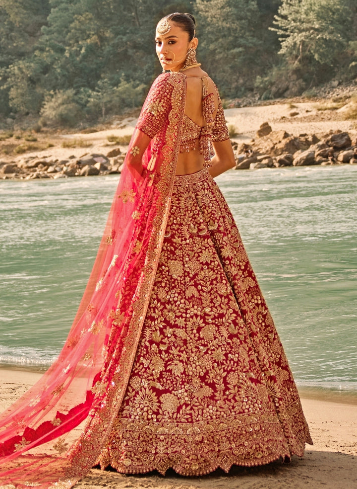 Royal Crimson Red Raw Silk Bridal Lehenga Set