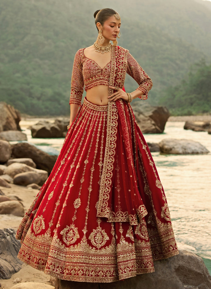 Crimson Red Raw Silk Bridal Lehenga Set