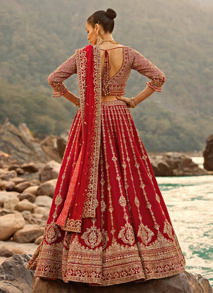 Crimson Red Raw Silk Bridal Lehenga Set