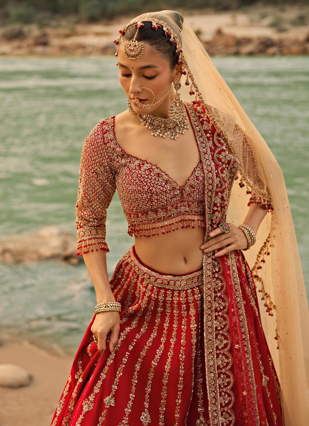 Crimson Red Raw Silk Bridal Lehenga Set