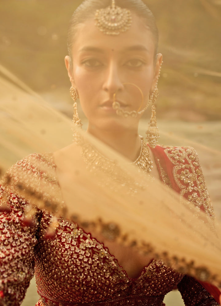 Crimson Red Raw Silk Bridal Lehenga Set