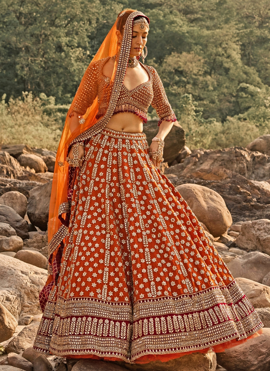 Burnt Orange Raw Silk Bridal Lehenga Set