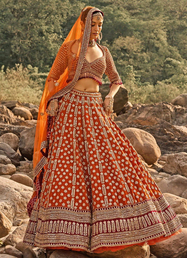 Burnt Orange Raw Silk Bridal Lehenga Set