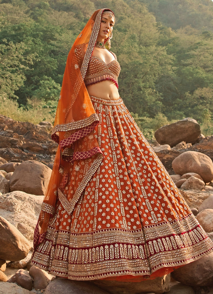 Burnt Orange Raw Silk Bridal Lehenga Set