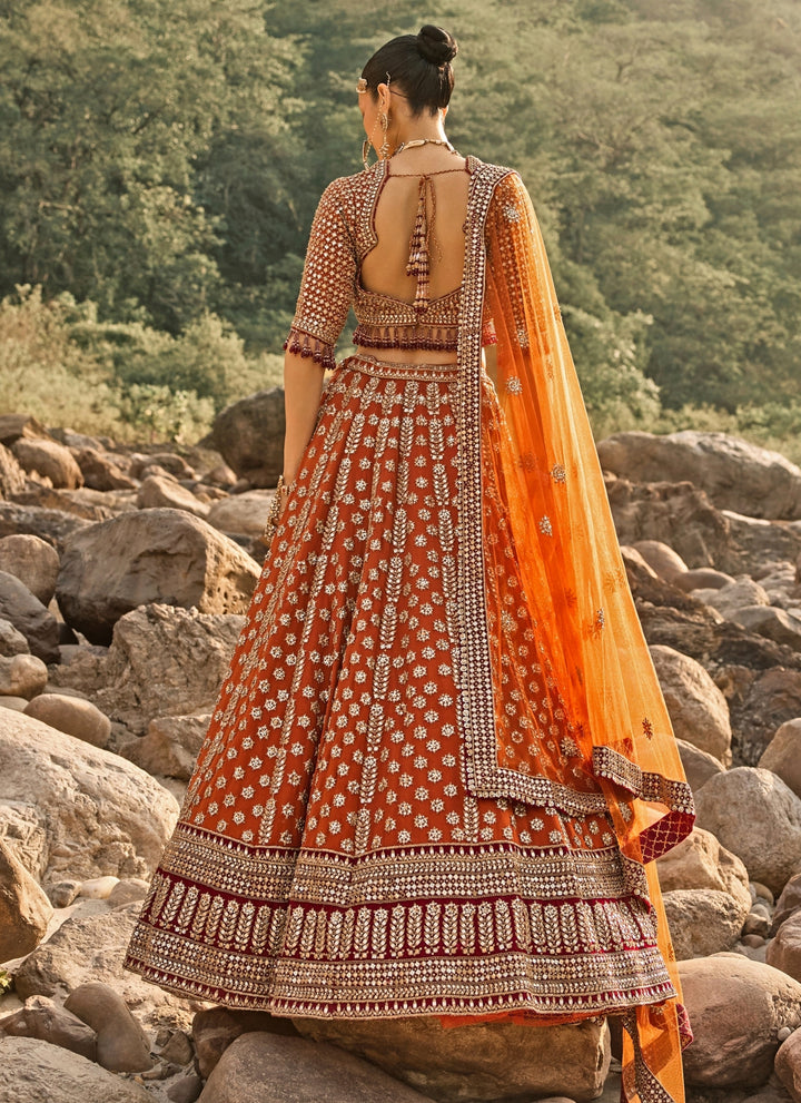 Burnt Orange Raw Silk Bridal Lehenga Set