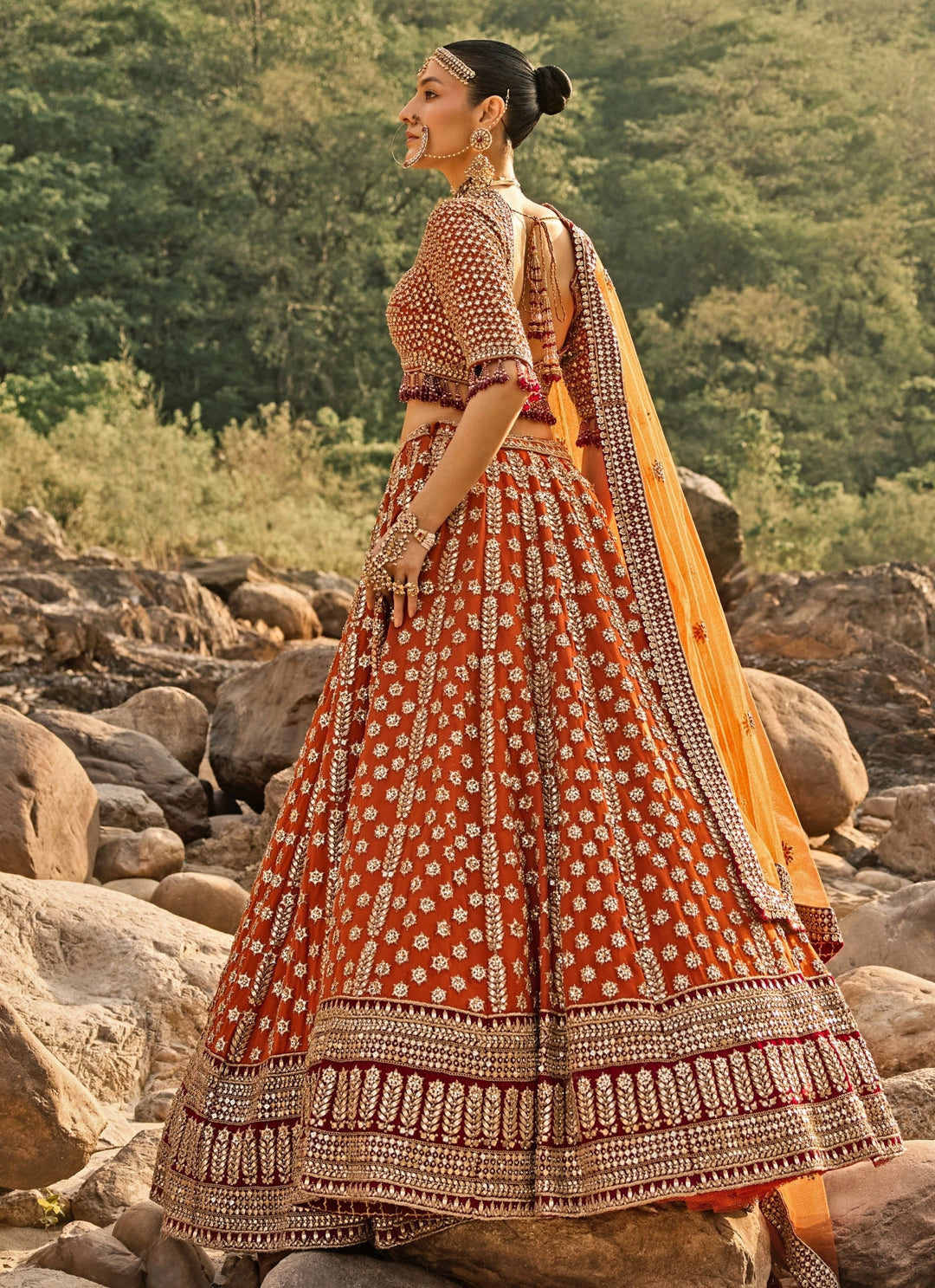 Burnt Orange Raw Silk Bridal Lehenga Set