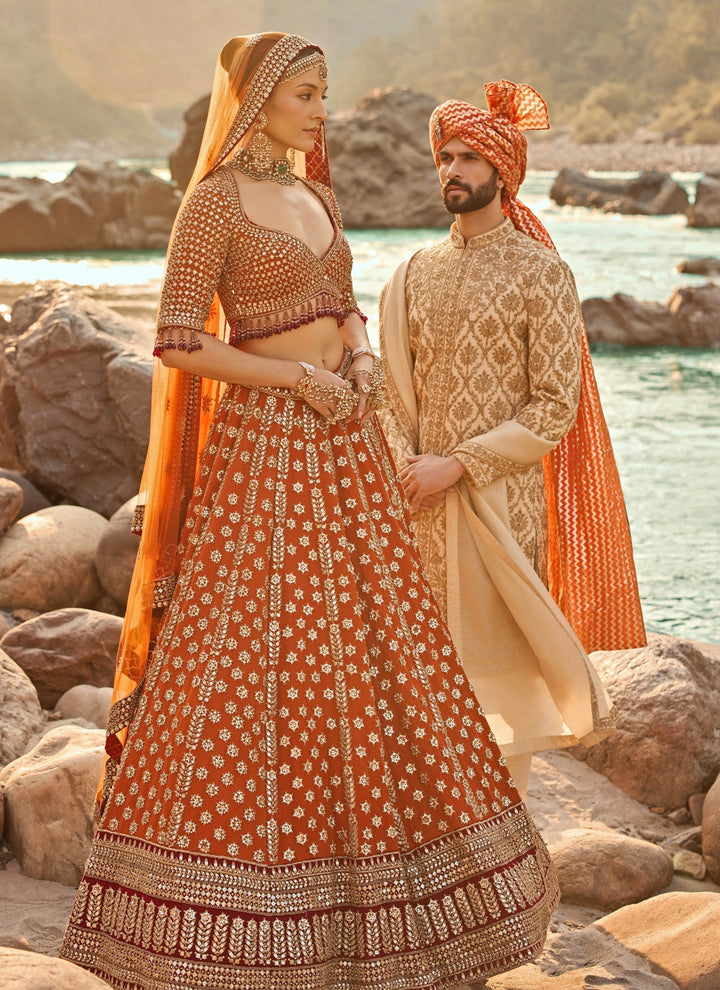 Burnt Orange Raw Silk Bridal Lehenga Set
