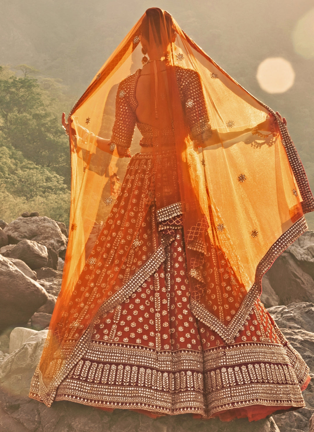 Burnt Orange Raw Silk Bridal Lehenga Set