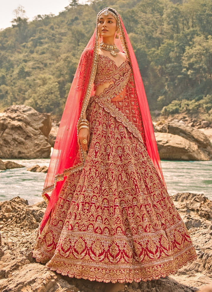 Red Raw Silk Bridal Lehenga Set