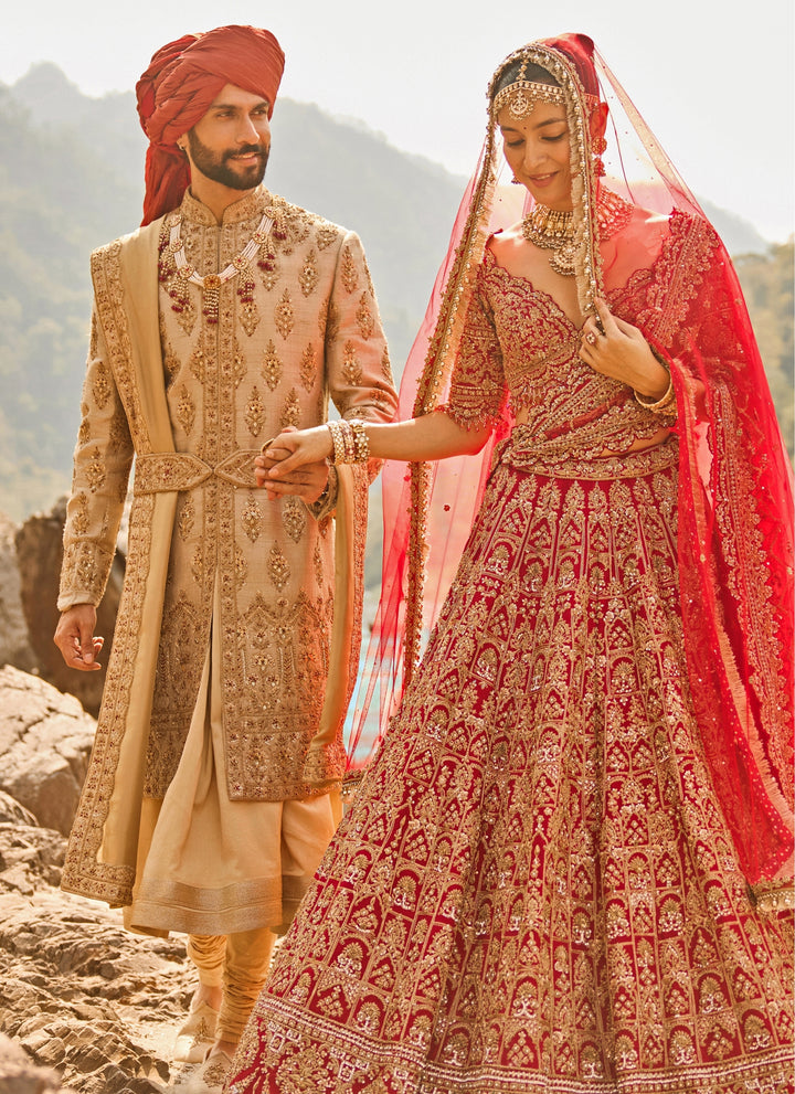 Red Raw Silk Bridal Lehenga Set