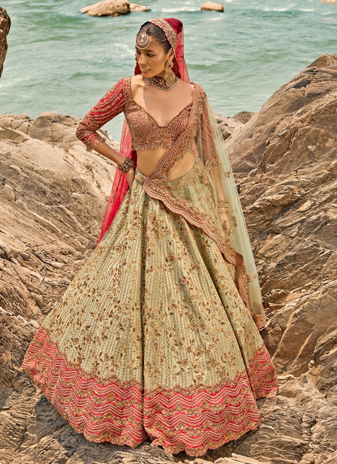 Sage Green Raw Silk Bridal Lehenga Set