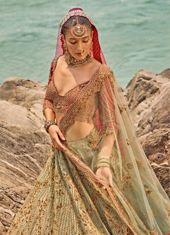Sage Green Raw Silk Bridal Lehenga Set