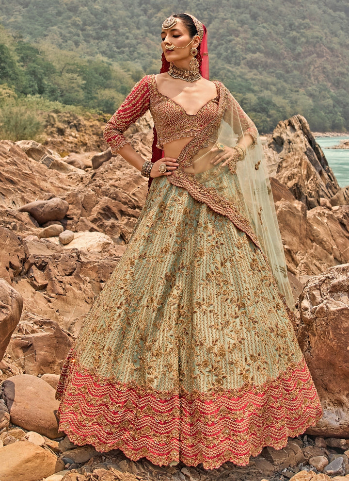 Sage Green Raw Silk Bridal Lehenga Set