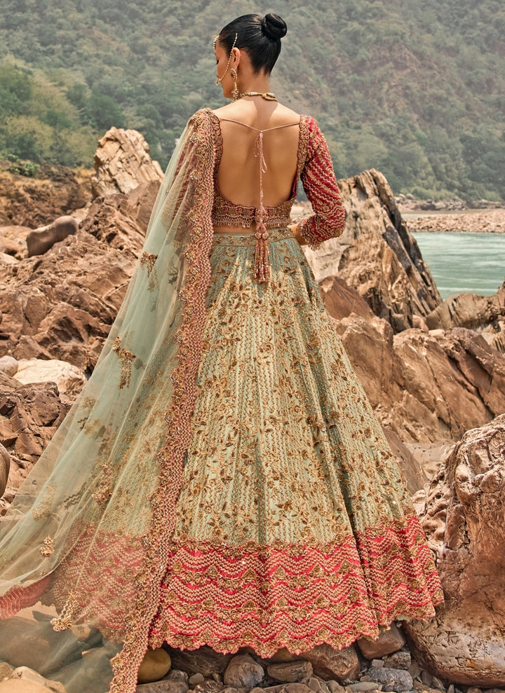 Sage Green Raw Silk Bridal Lehenga Set