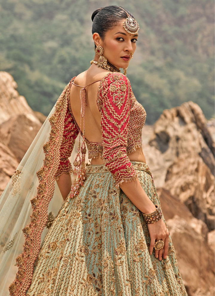Sage Green Raw Silk Bridal Lehenga Set
