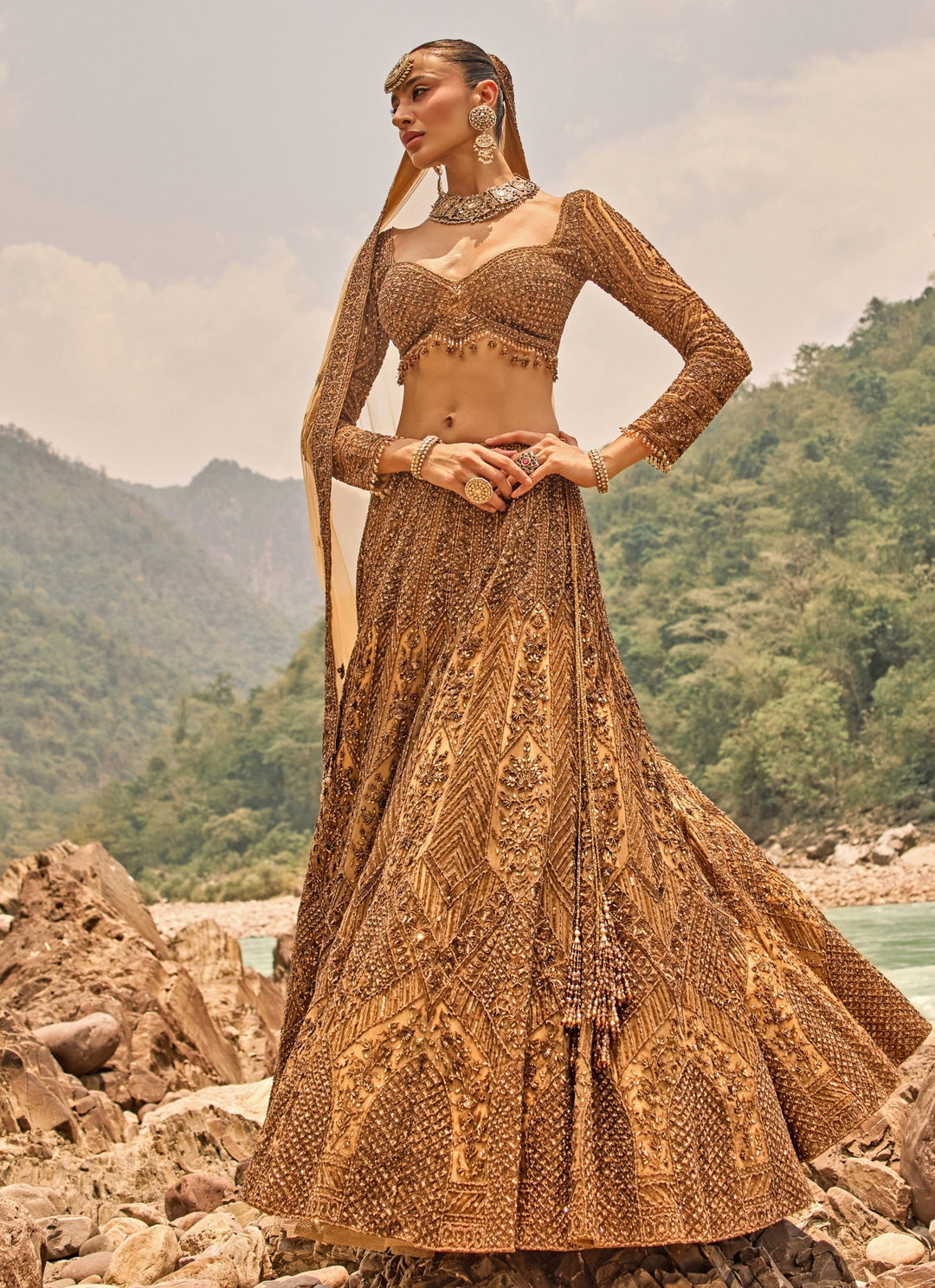 Copper Jewelled Soft Net Lehenga Set