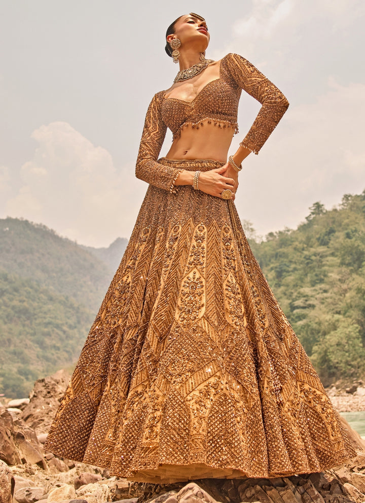 Copper Jewelled Soft Net Lehenga Set