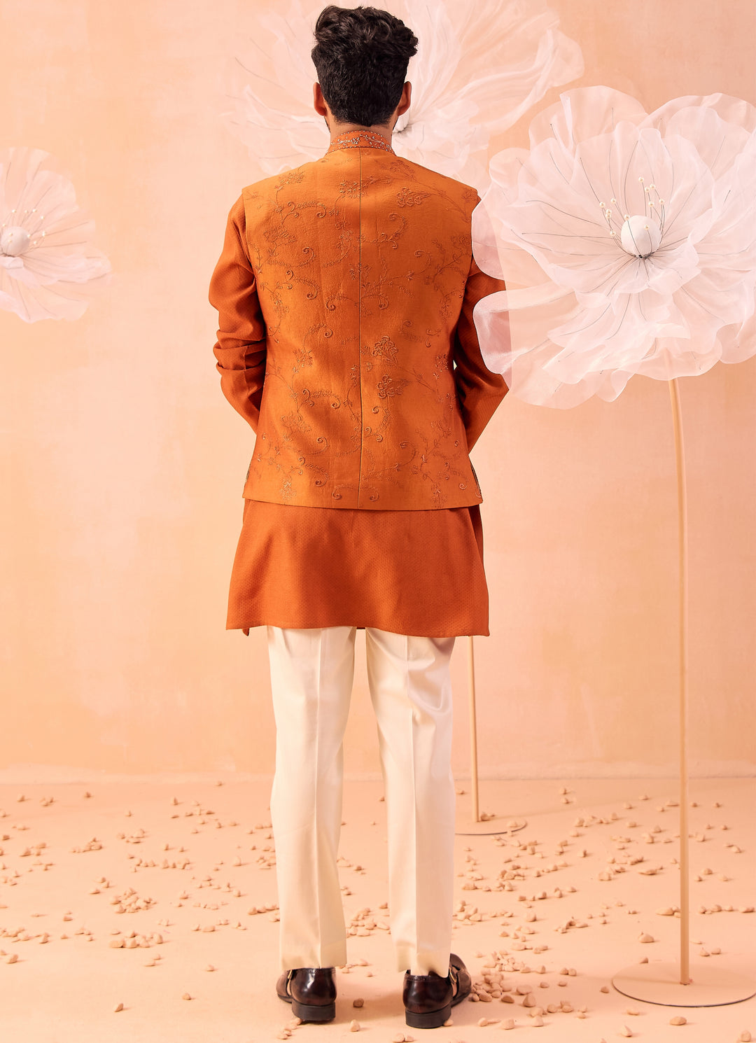 Burnt Orange Floral Embroidered Nehru Jacket Set