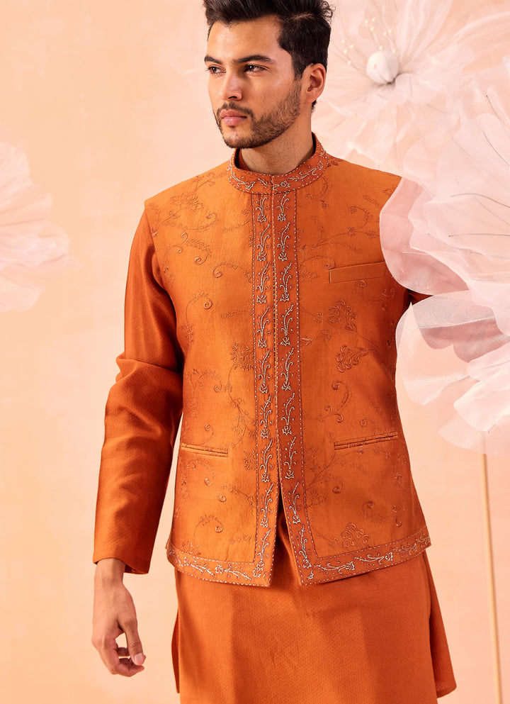 Burnt Orange Floral Embroidered Nehru Jacket Set