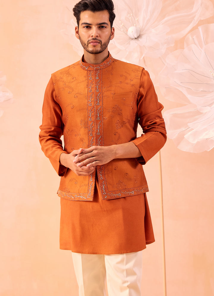 Burnt Orange Floral Embroidered Nehru Jacket Set
