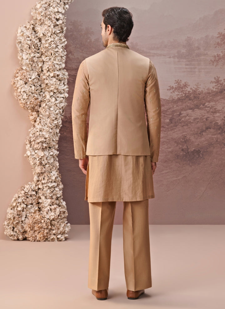 Beige Gold Twill Silk Nehru Jacket Set
