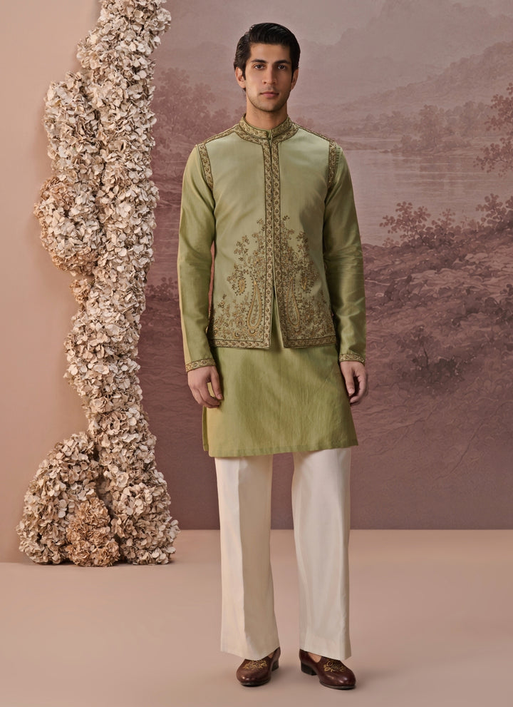 Sage Green Twill Silk Nehru Jacket Set