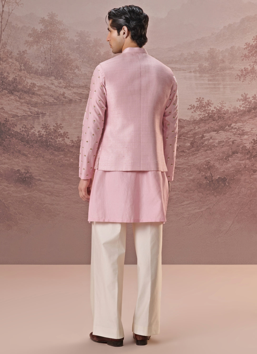 Pastel Pink Raw Silk Nehru Jacket Set