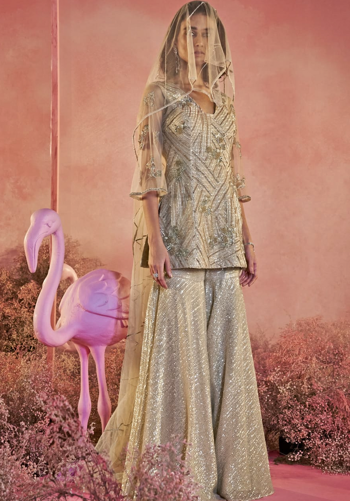 Beige Gold Kurta Sharara Set
