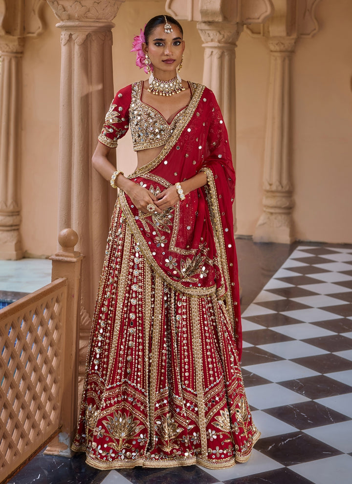 Deep Red Embroidered Crepe Bridal Lehenga Set