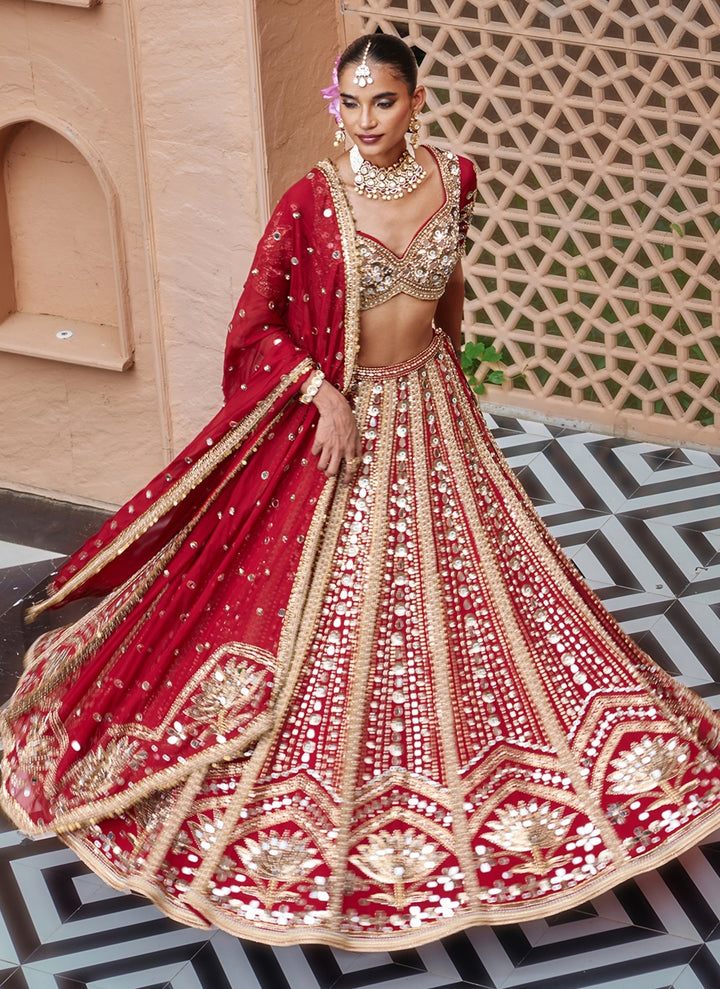 Deep Red Embroidered Crepe Bridal Lehenga Set