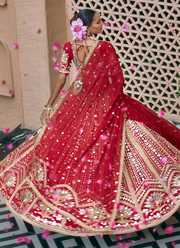 Deep Red Embroidered Crepe Bridal Lehenga Set