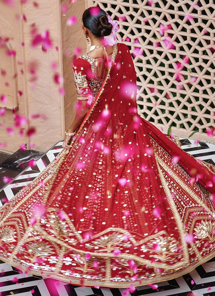 Deep Red Embroidered Crepe Bridal Lehenga Set