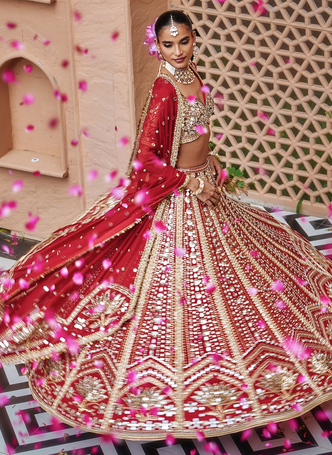 Deep Red Embroidered Crepe Bridal Lehenga Set
