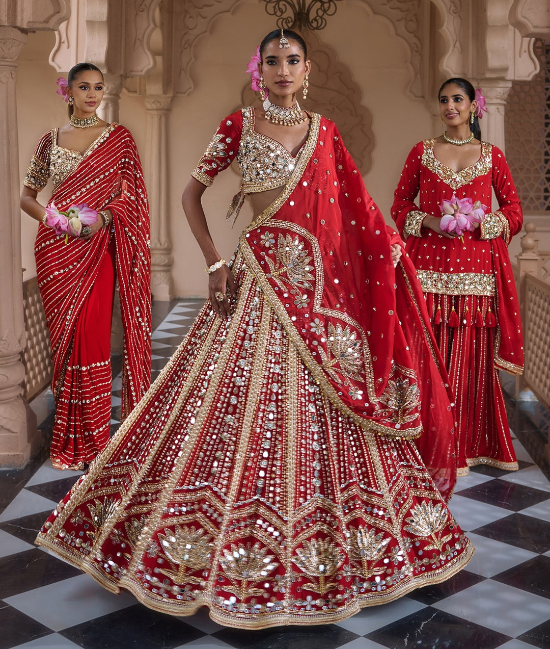 Deep Red Embroidered Crepe Bridal Lehenga Set