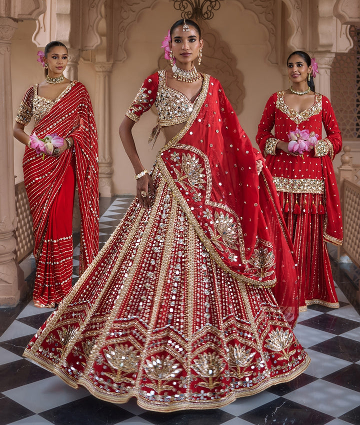 Deep Red Embroidered Crepe Bridal Lehenga Set