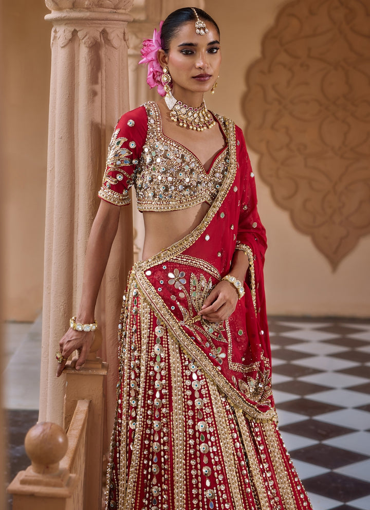 Deep Red Embroidered Crepe Bridal Lehenga Set