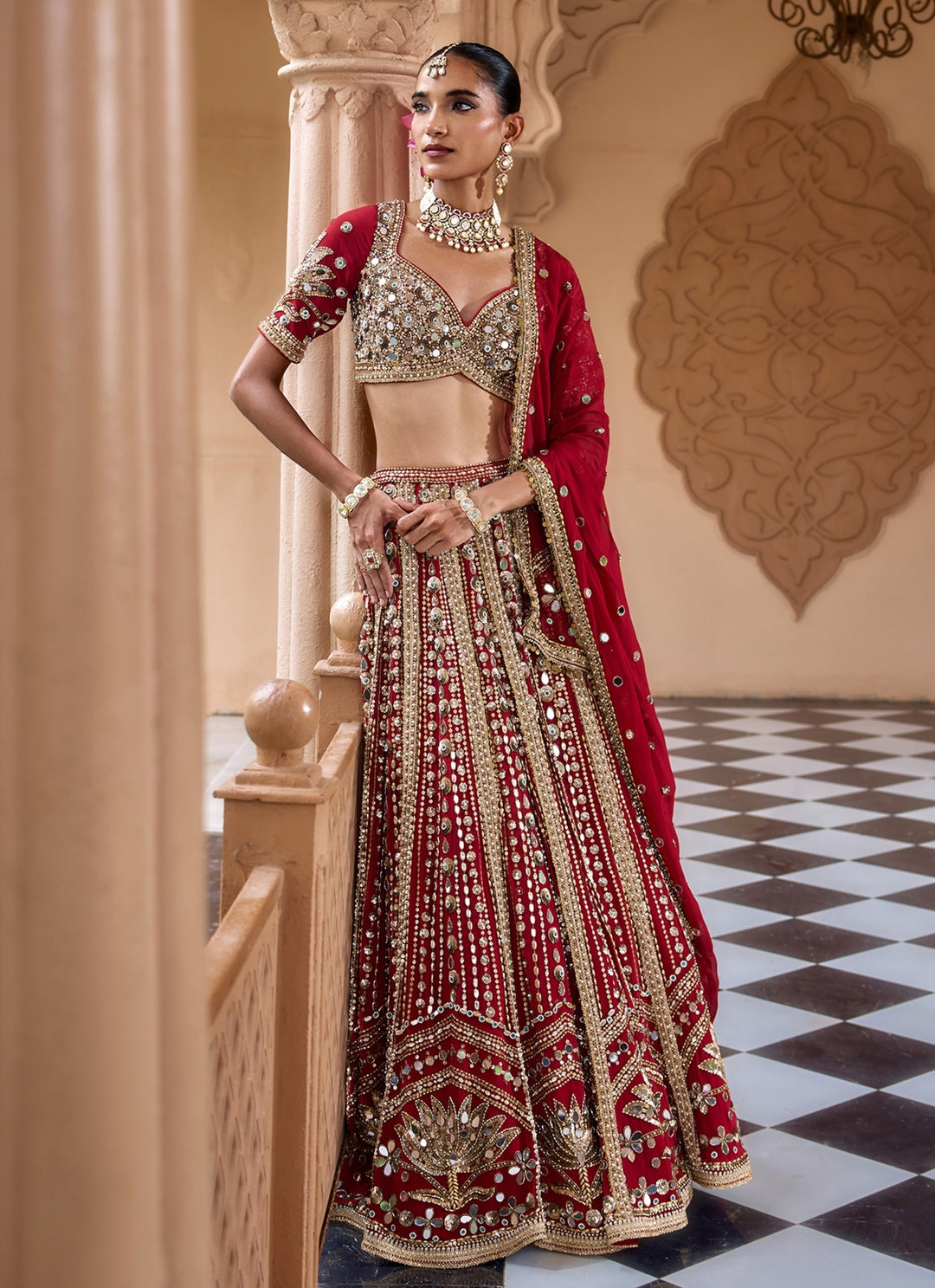Deep Red Embroidered Crepe Bridal Lehenga Set