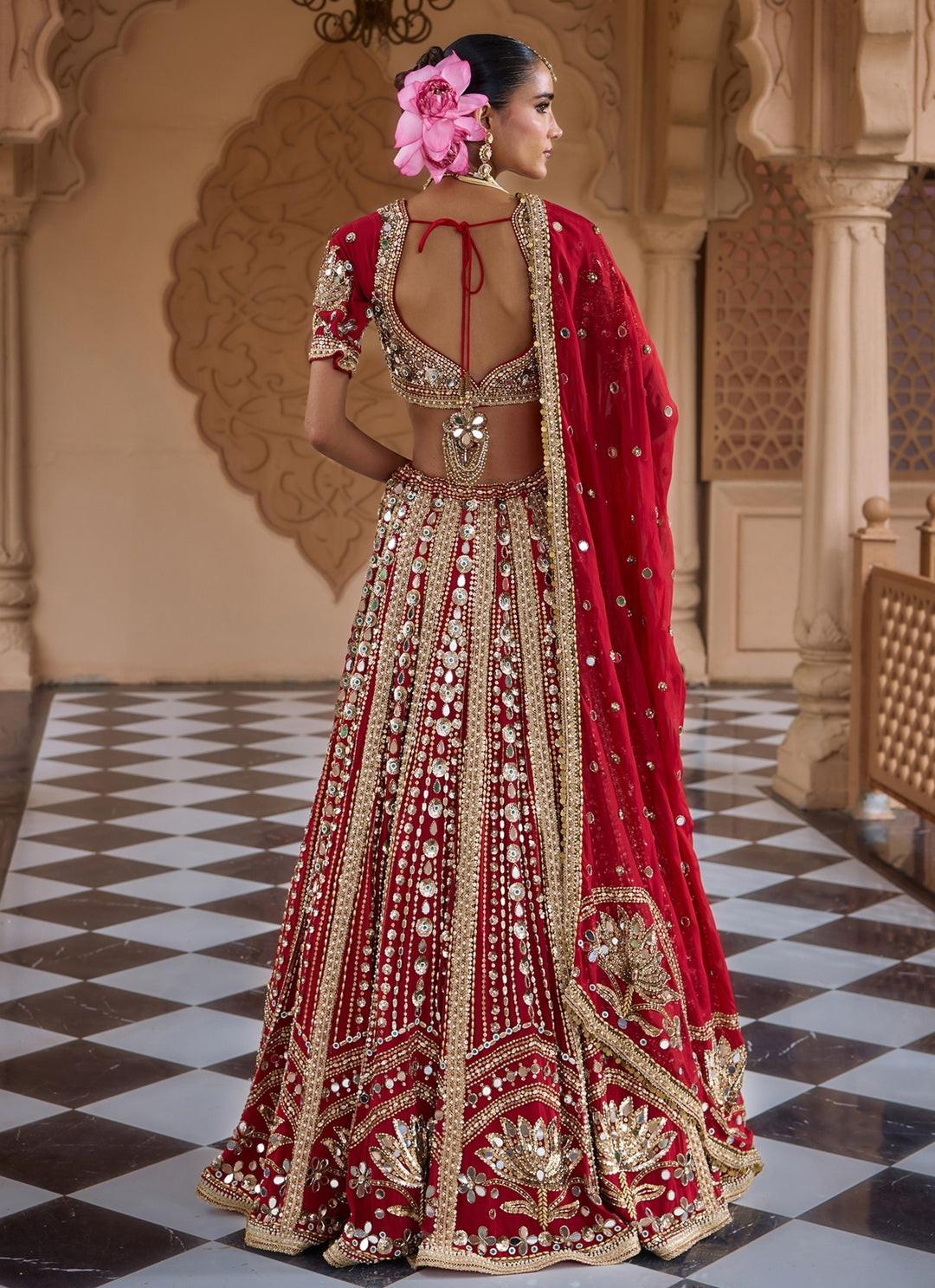 Deep Red Embroidered Crepe Bridal Lehenga Set