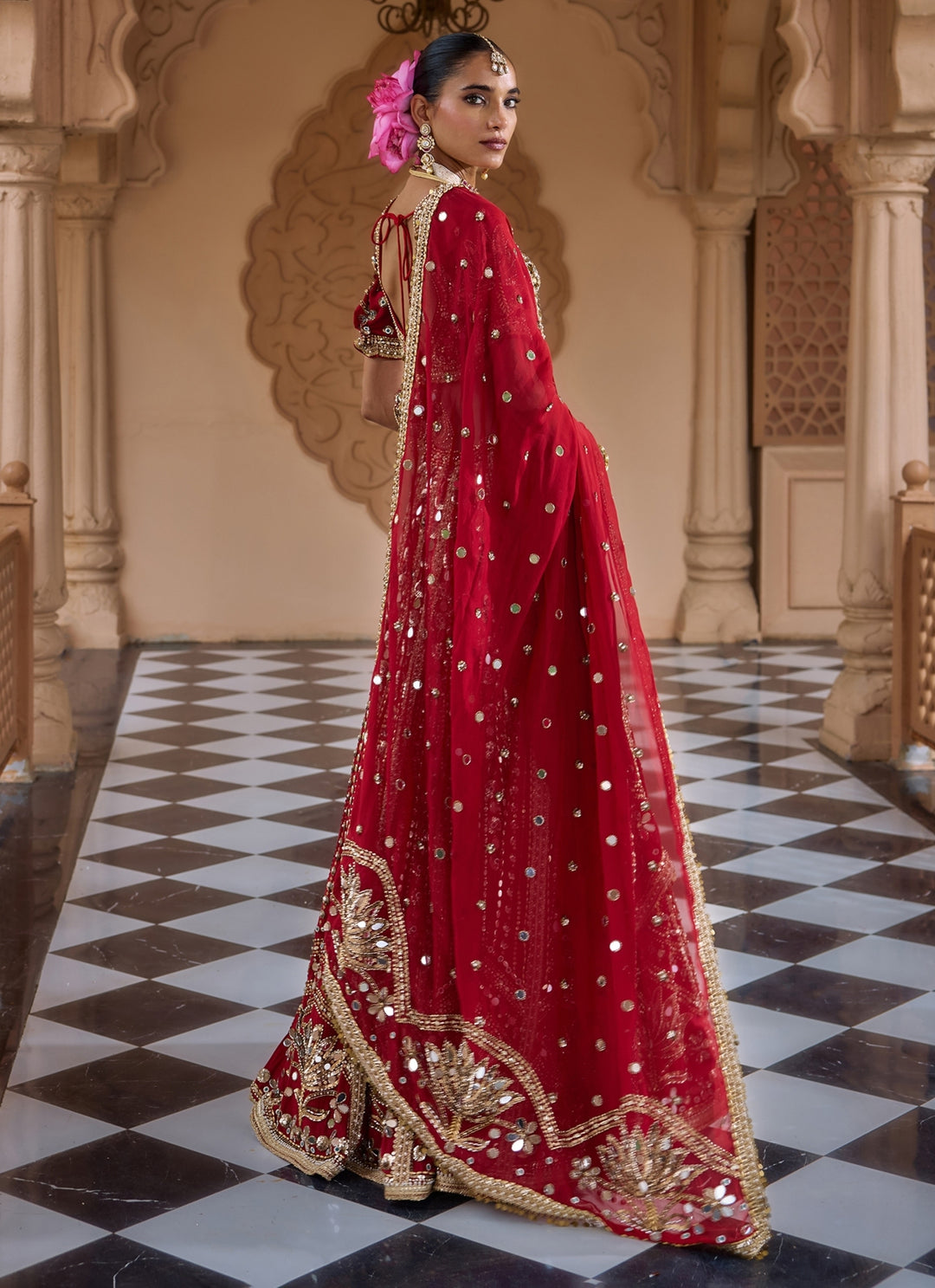 Deep Red Embroidered Crepe Bridal Lehenga Set